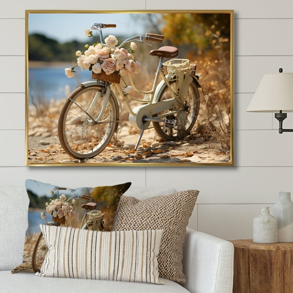 Designart "Bicycle Calm Pedaling By The Beach III" Transportation Floater Framed Wall Art Living Room