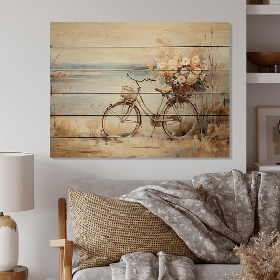 Designart "Bicycle Calm Pedaling III" Transportation Print on Natural Pine Wood
