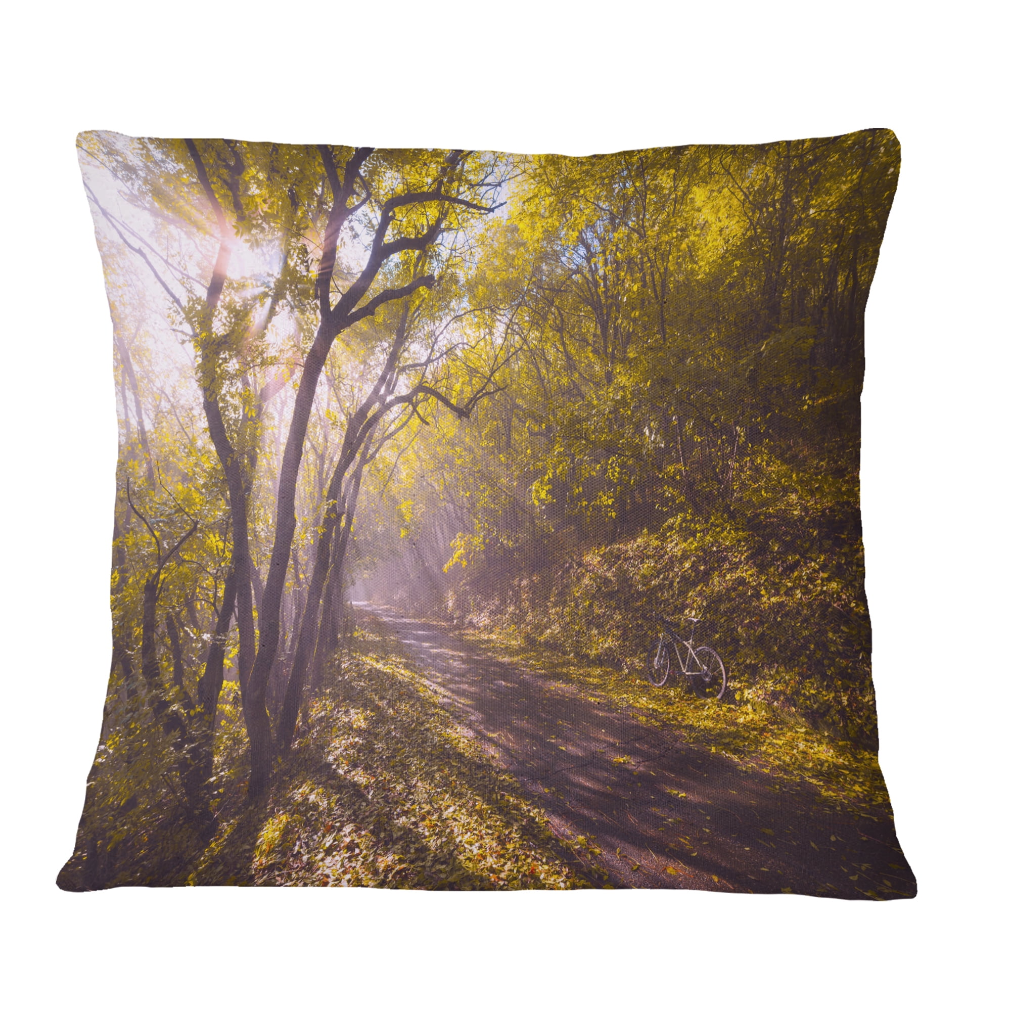 Designart Bicycle Ride in Fall Forest - Landscape Printed Throw Pillow - 18x18