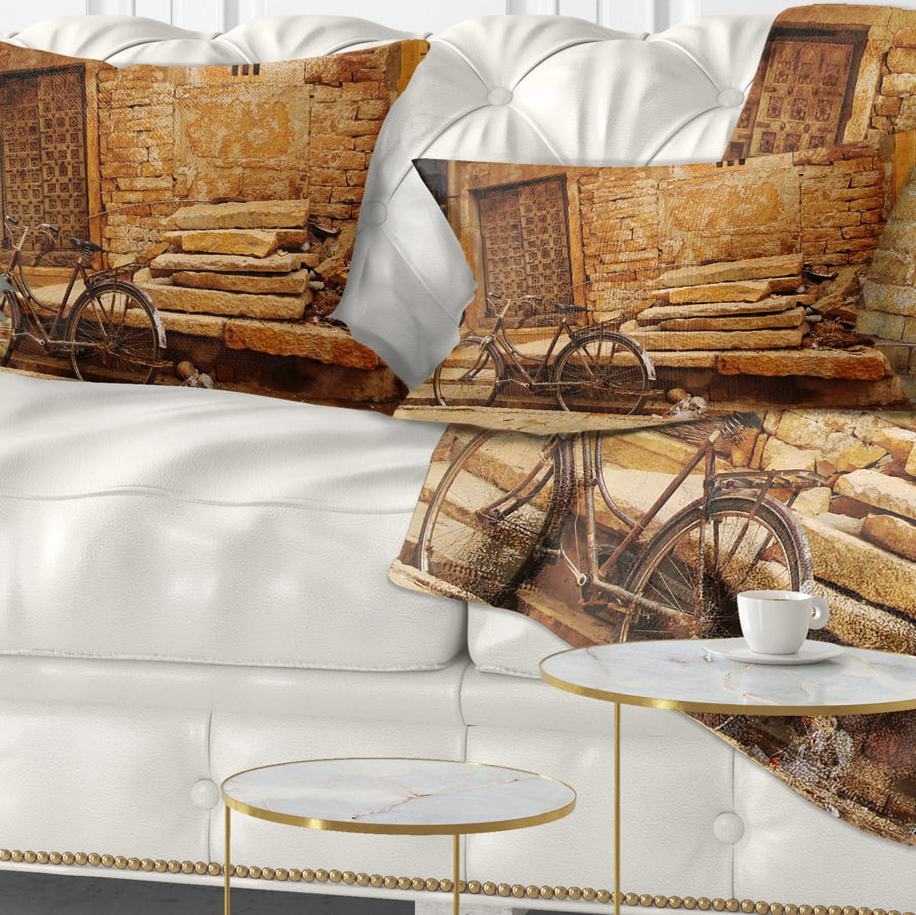 Designart Bicycle against Brown Wall - Landscape Photo Throw Pillow - 12x20