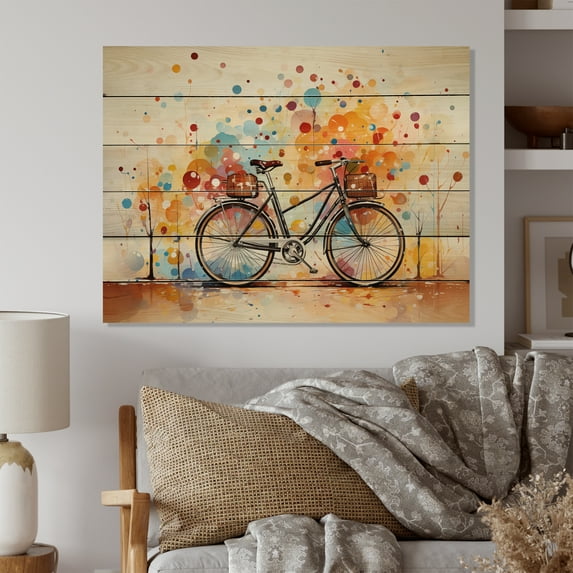 Designart "Bicycle modern Fusion Painting II" Transportation Print on Natural Pine Wood