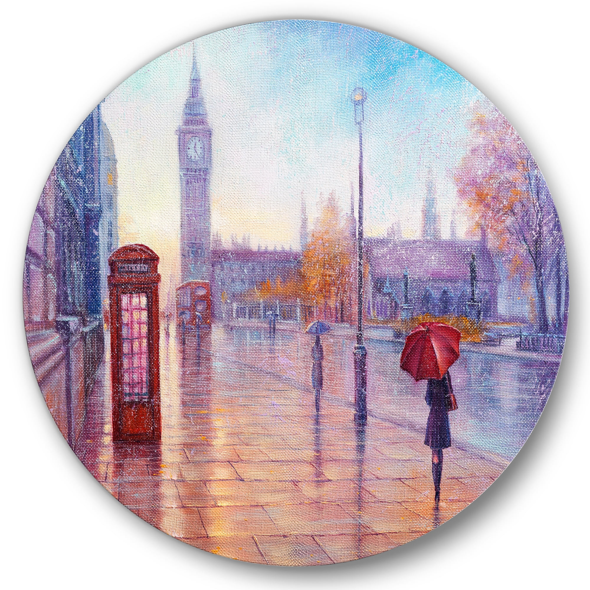 Designart 'Big Ben and Woman With Red Umbrella In London Street' French Country Circle Metal Wall Art 23x23 - Disc of 23