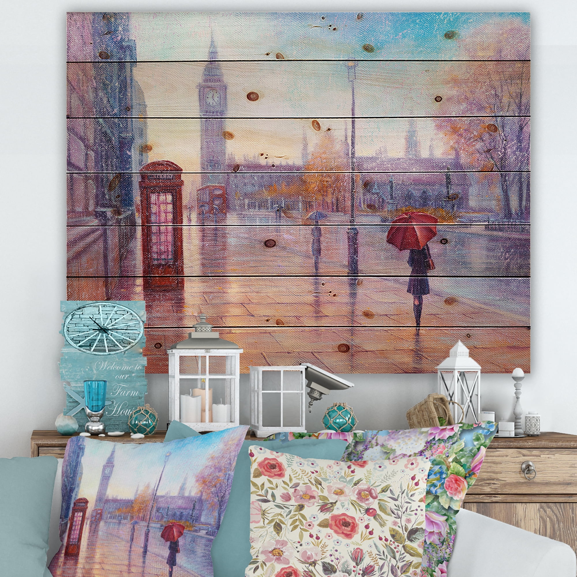 Designart 'Big Ben and Woman With Red Umbrella In London Street' French Country Print on Natural Pine Wood