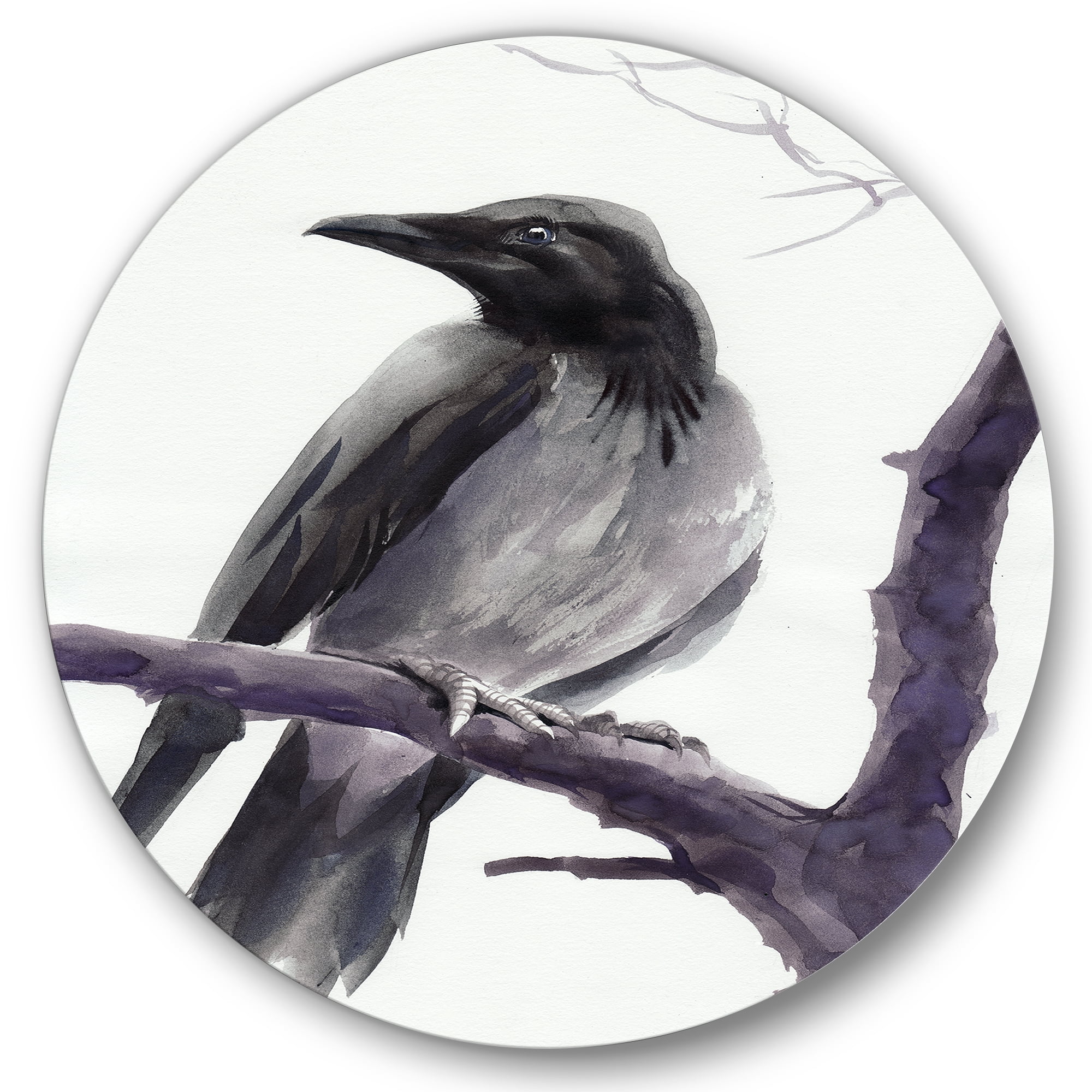 Designart 'Big Crow Sitting On A Branch' Traditional Circle Metal Wall Art 11x11 - Disc of 11