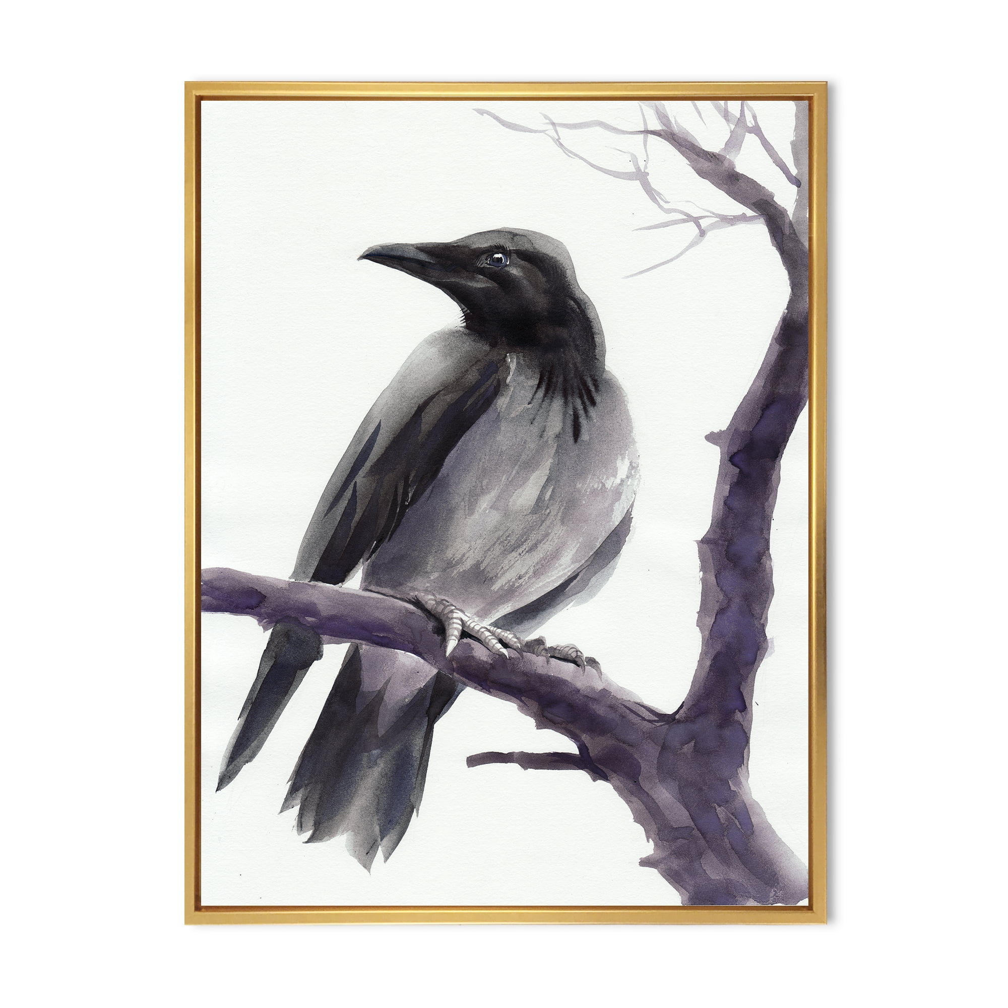 Designart 'Big Crow Sitting On A Branch' Traditional Framed Canvas Wall Art Print