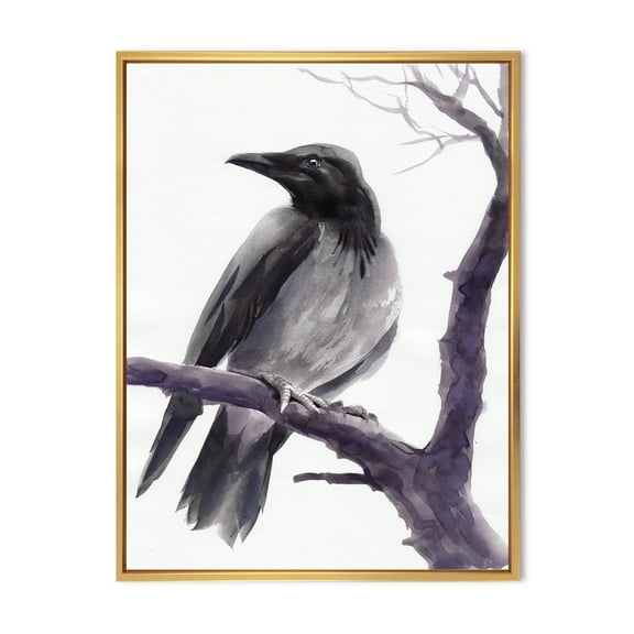 Designart 'Big Crow Sitting On A Branch' Traditional Framed Canvas Wall Art Print