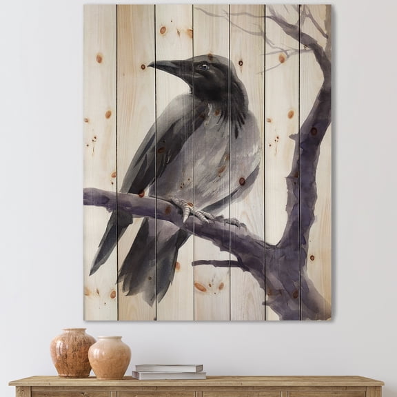 Designart 'Big Crow Sitting On A Branch' Traditional Print on Natural Pine Wood