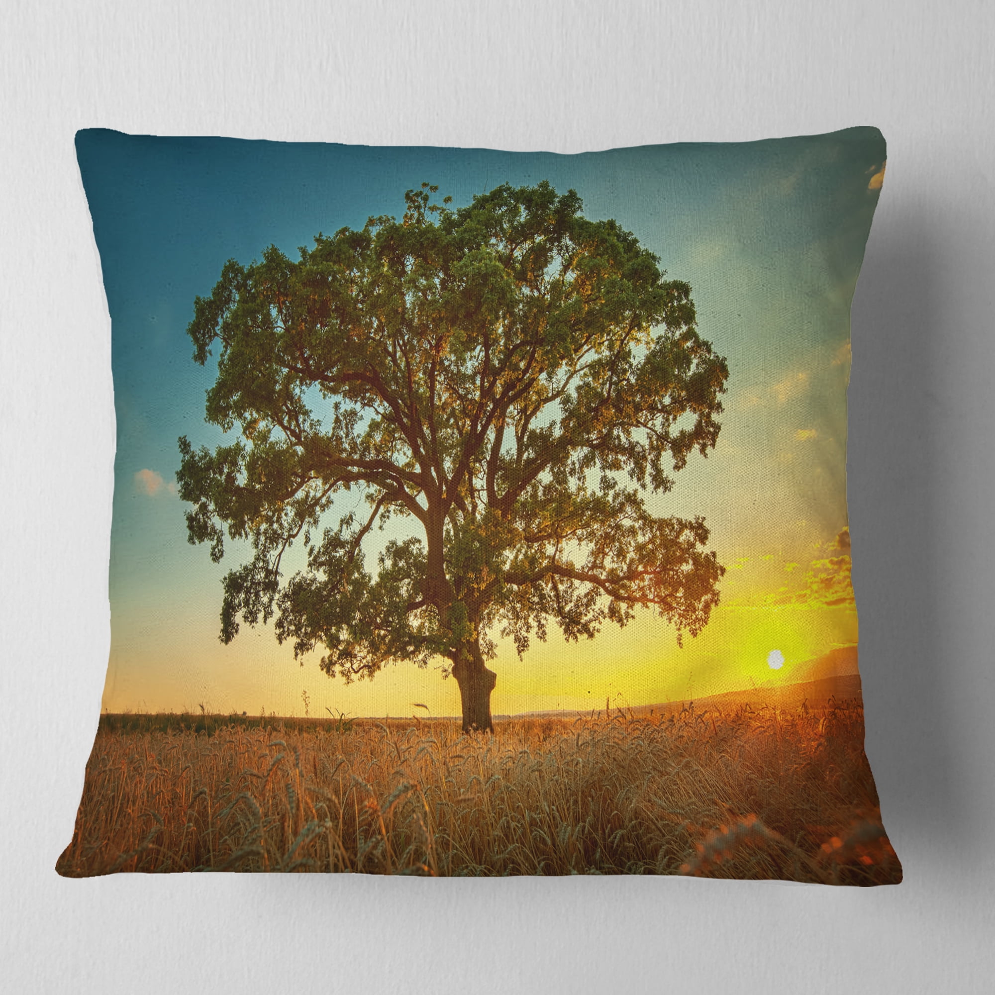 Designart Big Green Tree in Summer Field - Trees Throw Pillow - 16x16