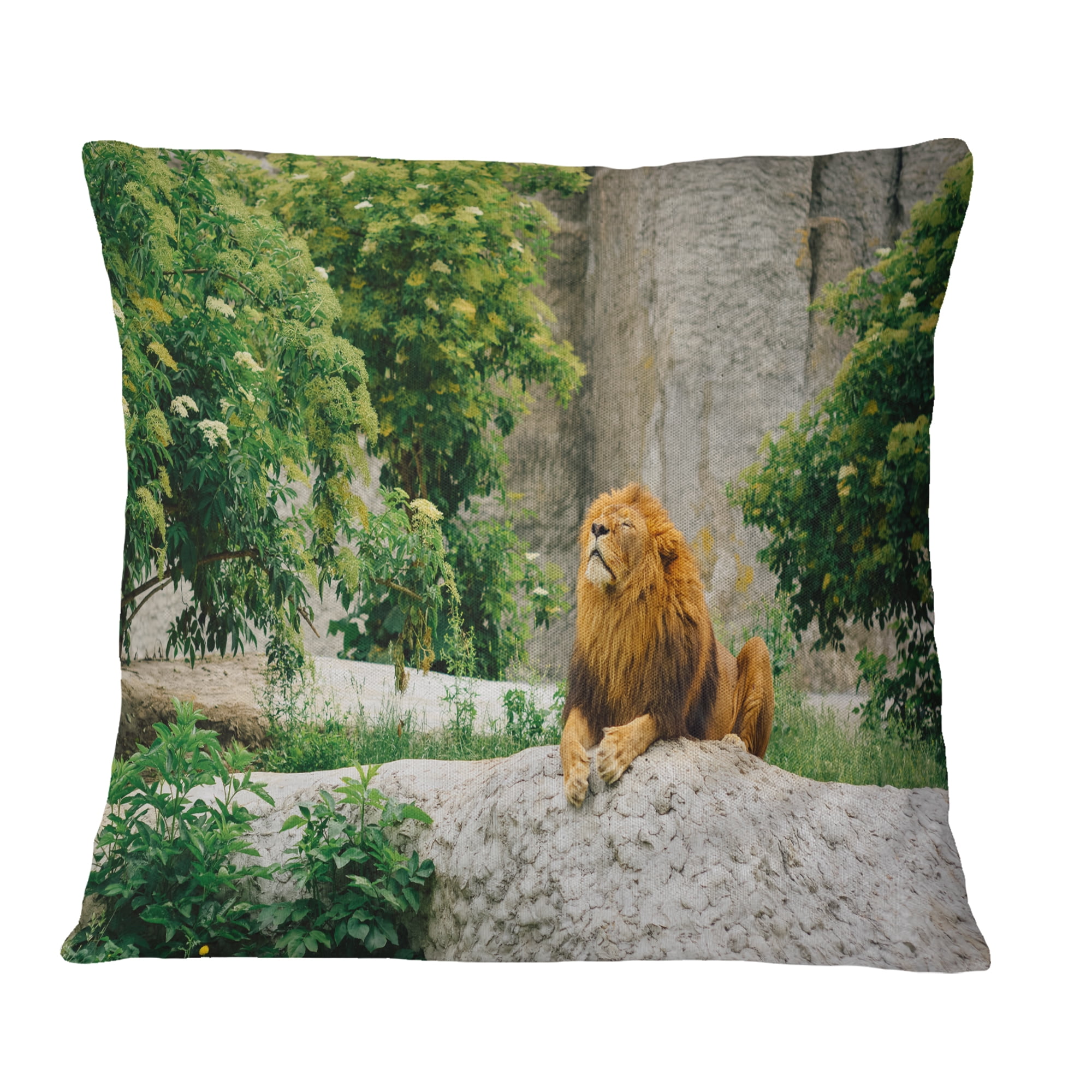 Designart Big Lion Lying On Stones in Zoo - Landscape Printed Throw Pillow - 16x16