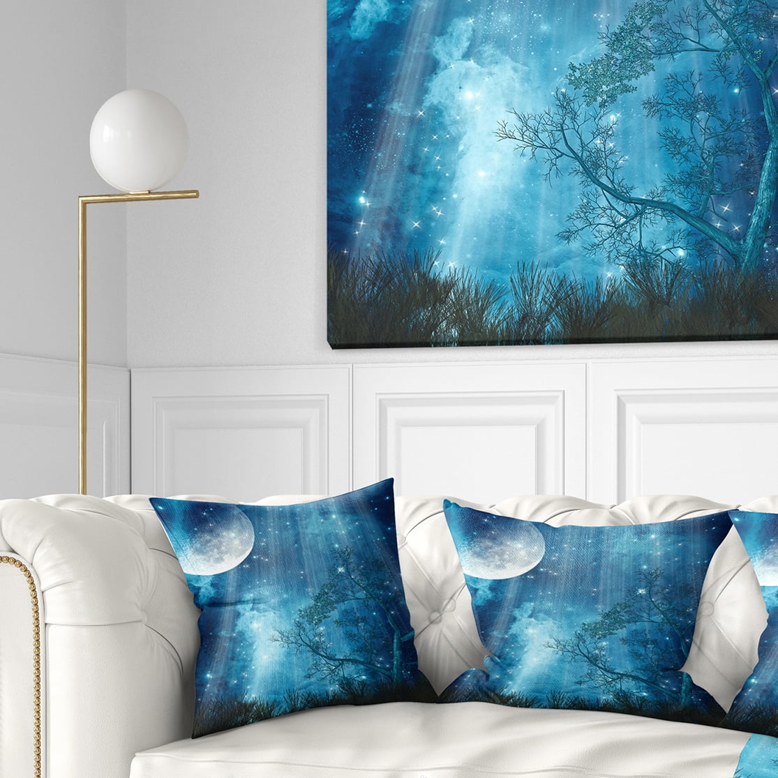 Designart Big Moon in Blue Forest - Landscape Printed Throw Pillow - 18x18