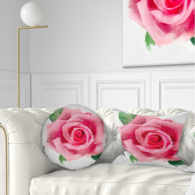 Designart Big Pink Rose Flower with Leaves Floral Throw Pillow