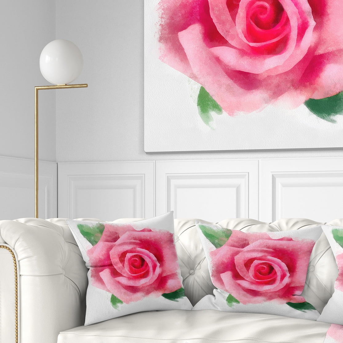 Designart Big Pink Rose Flower with Leaves - Floral Throw Pillow - 16x16