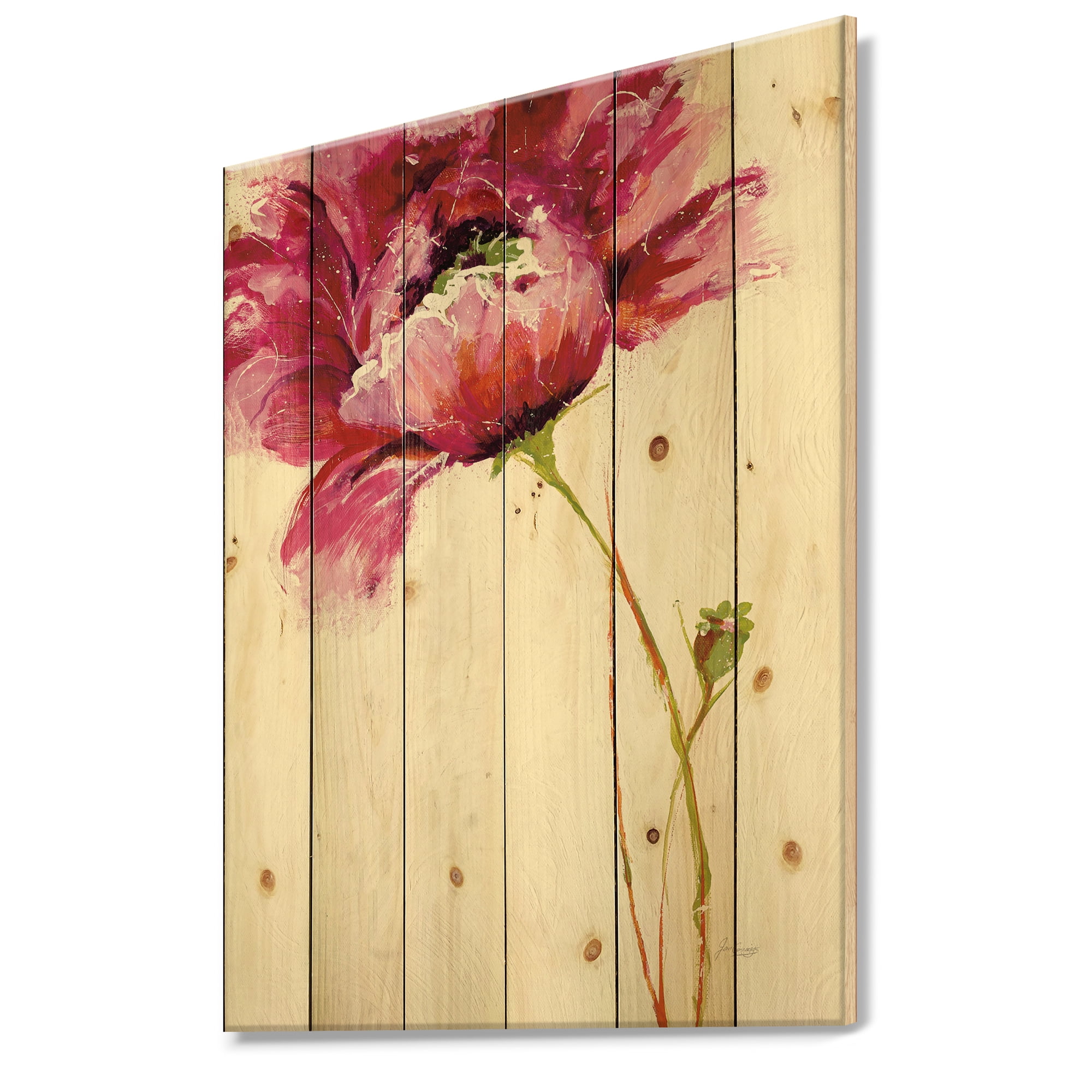 Designart 'Big Red Blossoms' Floral Print on Natural Pine Wood