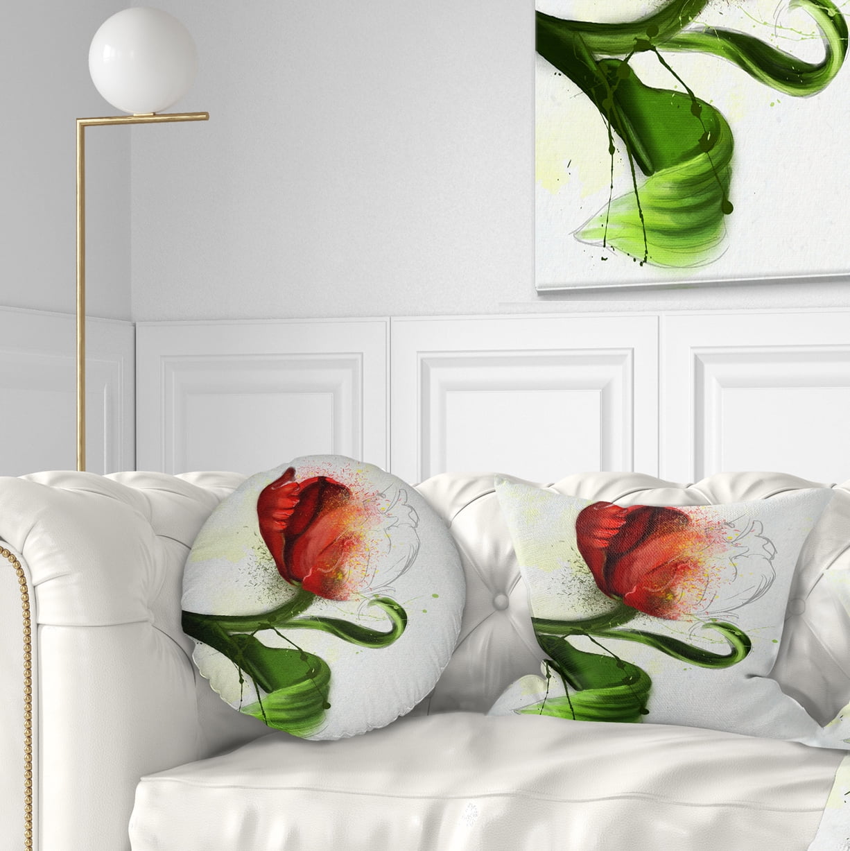 Designart Big Red Flower with Green Leaves - Floral Throw Pillow - 12x20