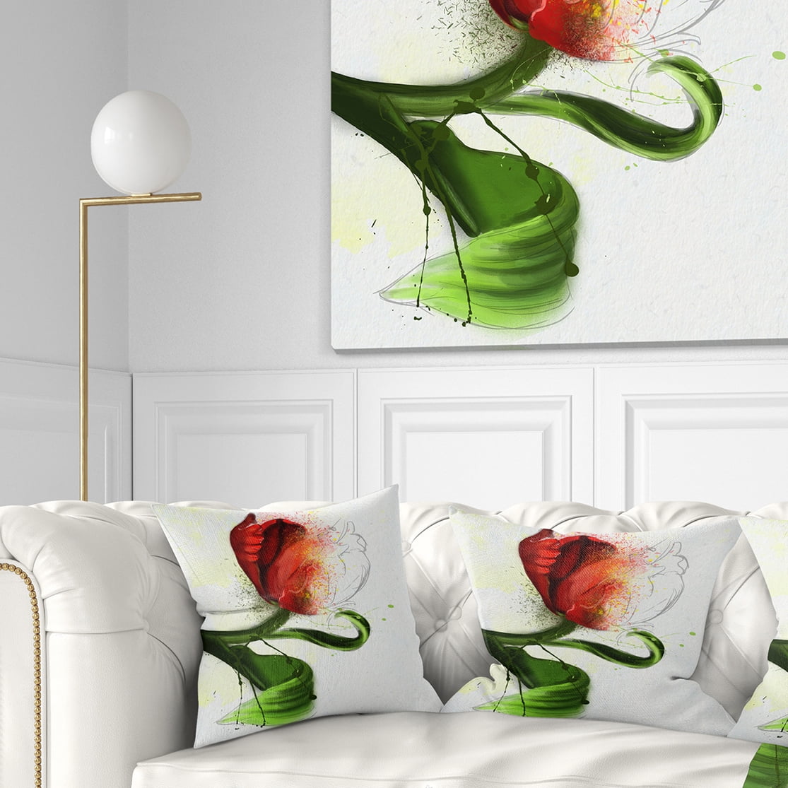 Designart Big Red Flower with Green Leaves - Floral Throw Pillow - 18x18