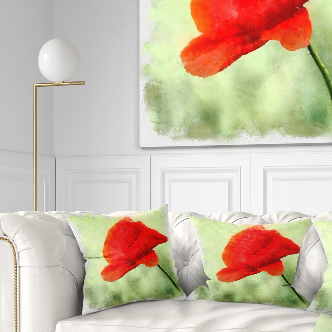 Designart Big Red Poppy Flower Watercolor - Floral Throw Pillow - 16x16