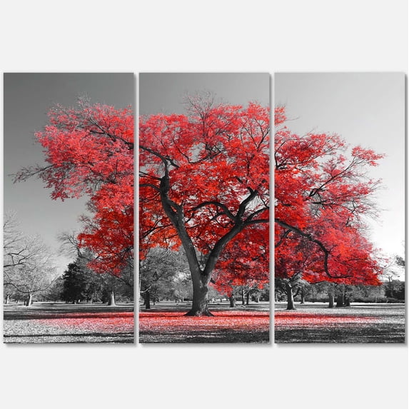 Designart 'Big Red Tree on Foggy Day ' Landscape Canvas Art Print