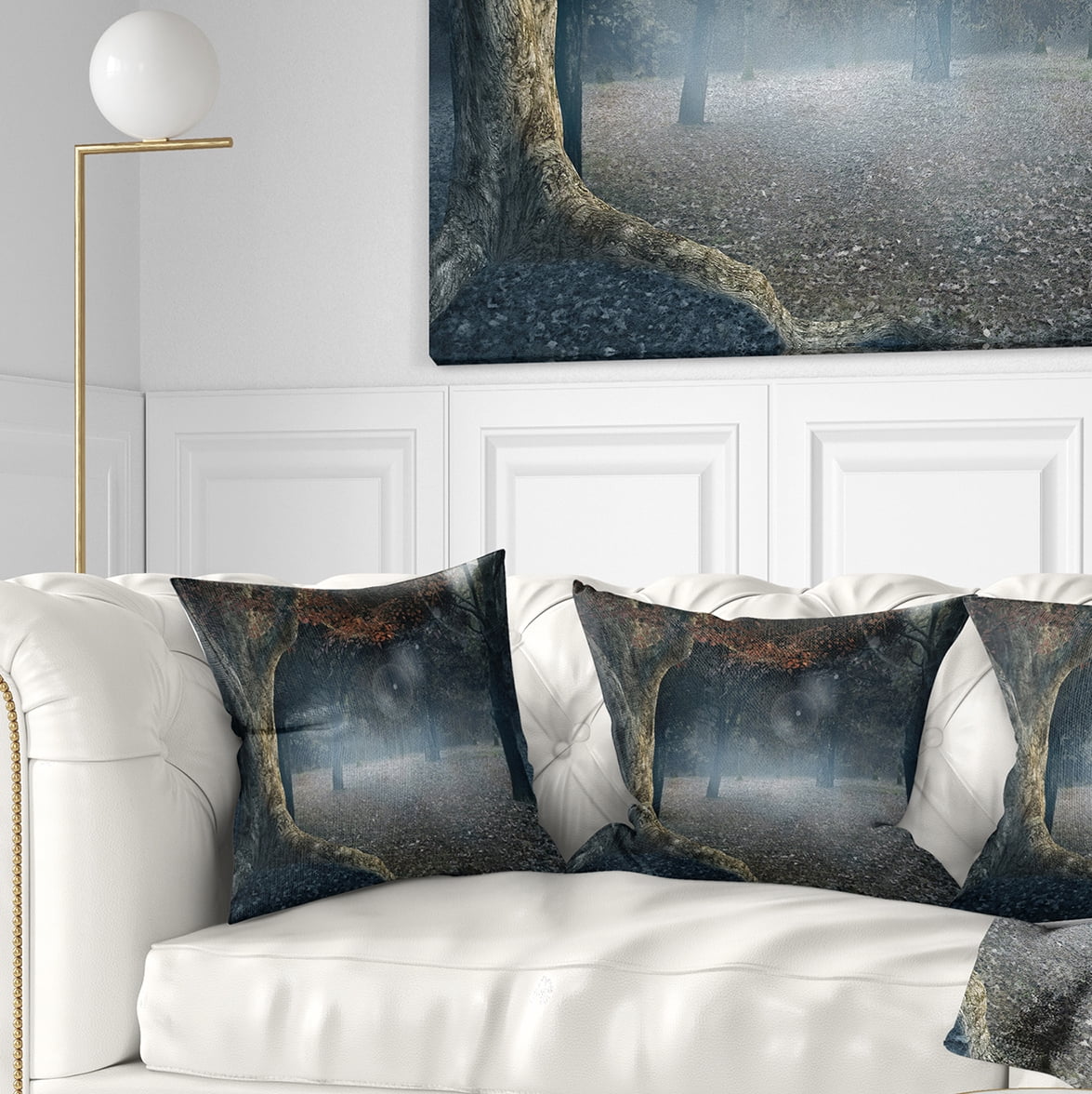 Designart Big Trees in Dark Foggy Forest - Landscape Photography Throw Pillow - 16x16