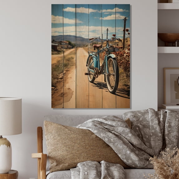 Designart "Bike Dual-Tire Quest" Bicycle Print on Natural Pine Wood