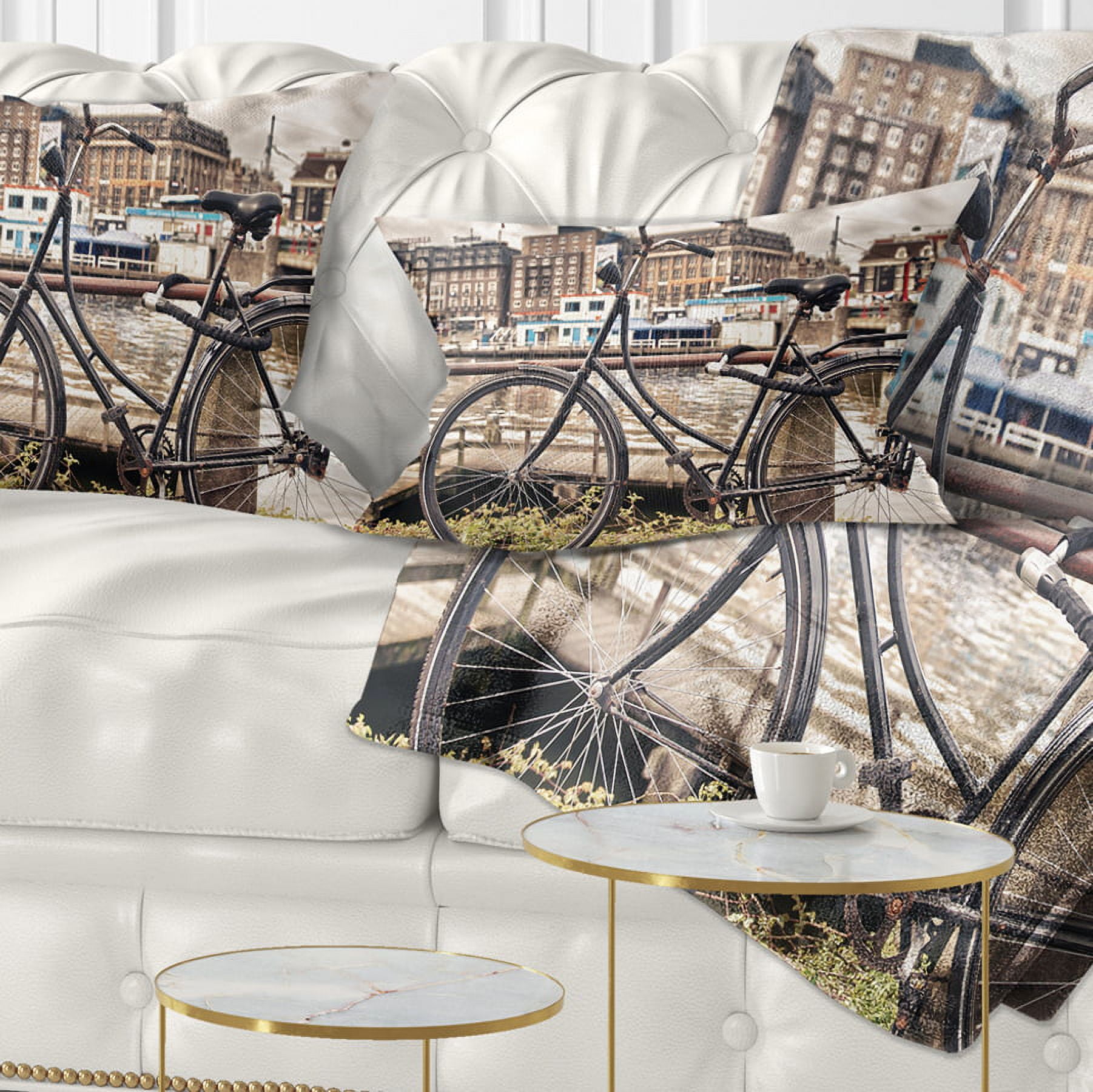 Designart Bike Over Bridge in Amsterdam - Cityscape Photo Throw Pillow - 12x20