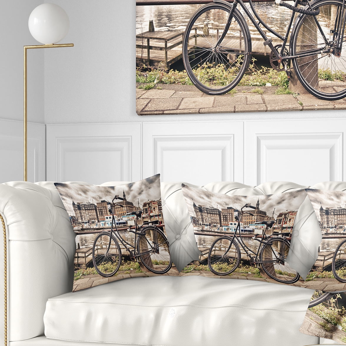 Designart Bike Over Bridge in Amsterdam - Cityscape Photo Throw Pillow - 18x18
