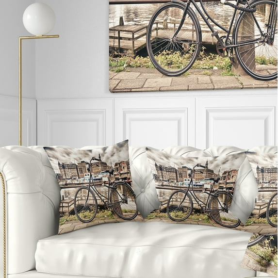 Designart Bike Over Bridge in Amsterdam - Cityscape Photo Throw Pillow - 18x18
