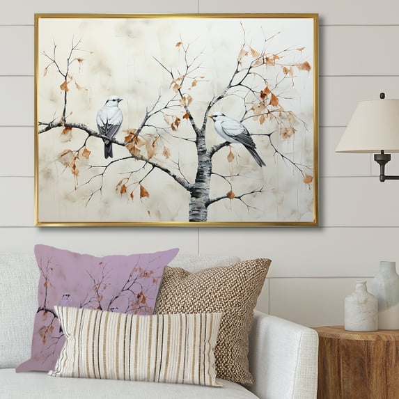 Designart "Birch And Bird Minimalist Scene" Tree Birch Floater Framed Wall Art Prints