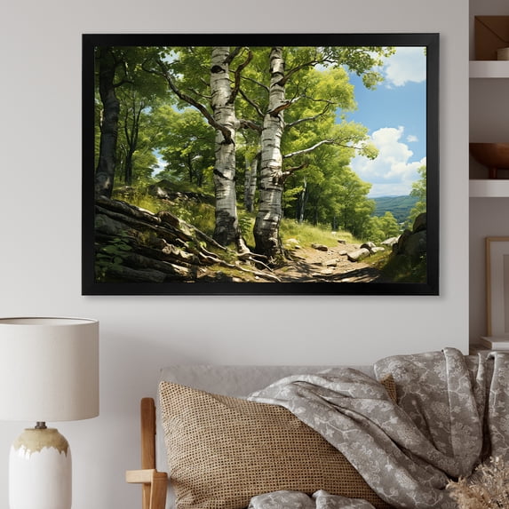 Designart "Birch Tree Forest Nature's Essence I" Landscapes Framed Wall Art Decor - Country Green Tree Bedroom Framed Canvas Wall Art