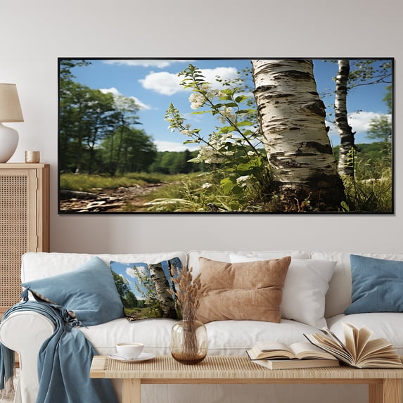 Designart "Birch Tree Forest Nature's Essence III" Extra Large Landscapes Framed Wall Art - Country Green Tree Bedroom Framed Canvas Wall Art