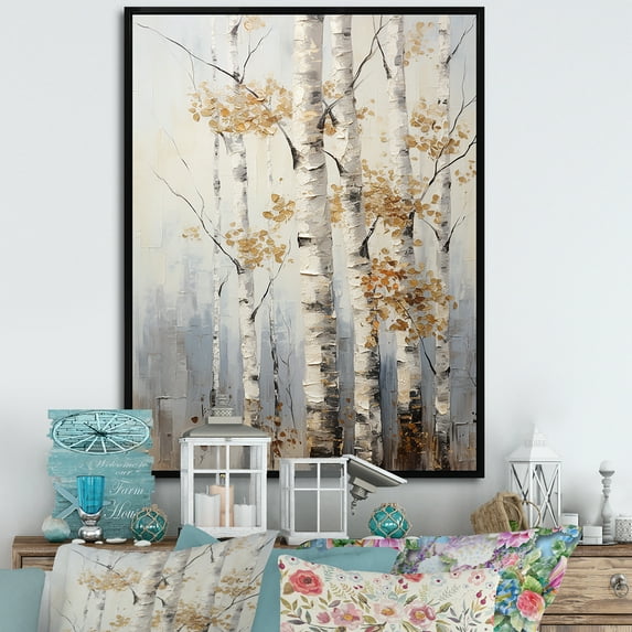 Designart "Birch Trees In Silver Tones Breathing In The Scenery" Tree Birch Floater Framed Wall Decor