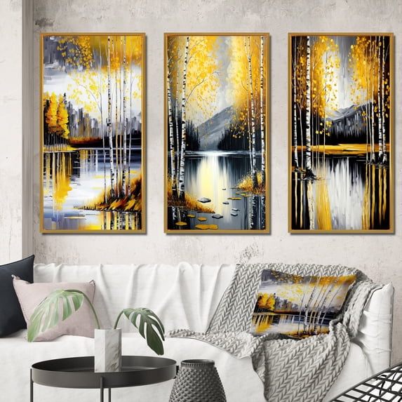 Designart "Birch Trees by the Lake in Grey and Yellow I" Landscape & Nature Framed Wall Art Set Of 3 - Yellow Tree Birch Frame Gallery Wall Set For Home Decor