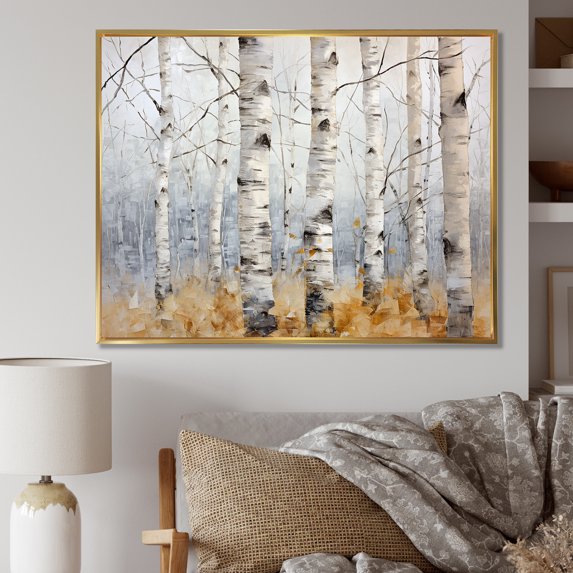 Designart "Birch Trees: Minimalist Scenery I" Tree Birch Floater Framed Canvas Wall Art