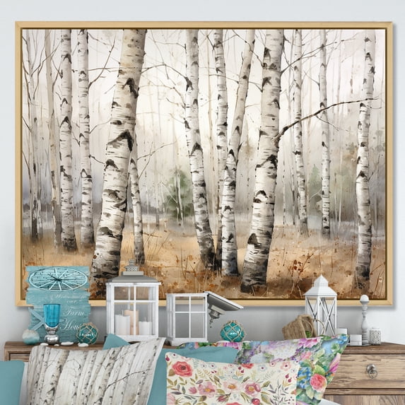 Designart "Birch Trees: Minimalist Scenery" Tree Birch Floater Framed Wall Art Living Room