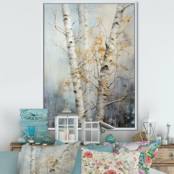 Designart "Birch Trees With Silver Blue Hues Breathing In The Scenery" Tree Birch Floater Framed Wall Art Living Room