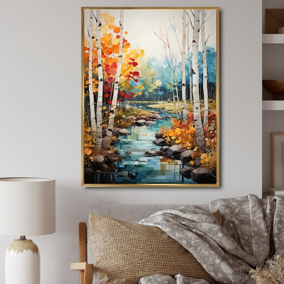 Designart "Birch Woods Autumn euphony IV" Floral Floater Framed Wall Art Living Room