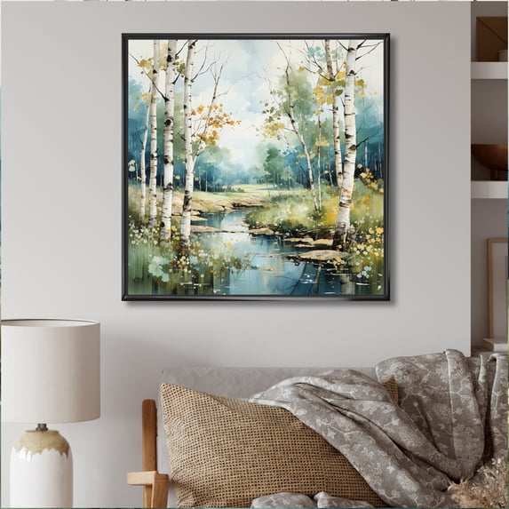 Designart "Birch Woods Winds X" Forest Floater Framed Canvas Wall Art