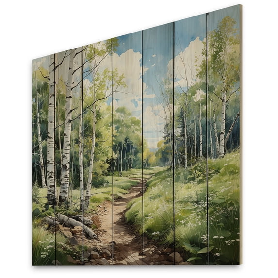 Designart "Birch Woods Winds XII" Forest Print on Natural Pine Wood