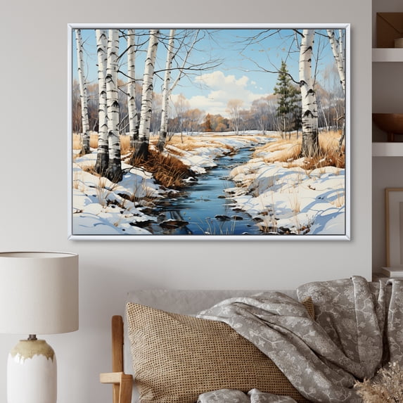 Designart "Birch Woods Winter II" Tree Birch Floater Framed Wall Art Print