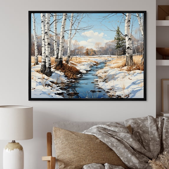 Designart "Birch Woods Winter II" Tree Birch Floater Framed Wall Art Print