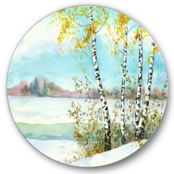 Designart 'Birches In Snowy Land' Lake House Circle Metal Wall Art 11x11 - Disc of 11