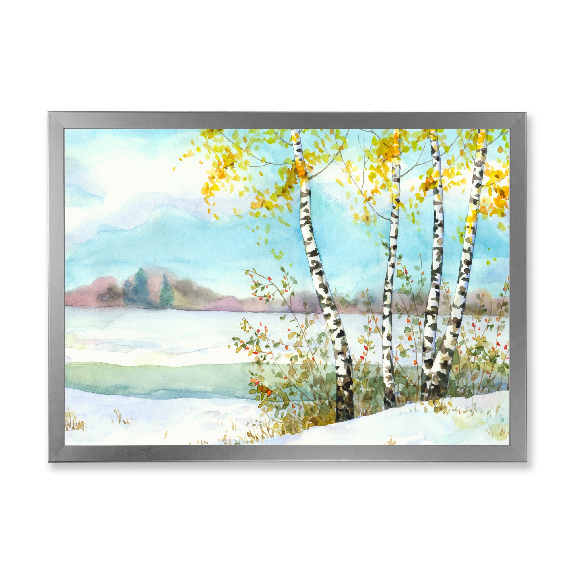 Designart 'Birches In Snowy Land' Lake House Framed Art Print