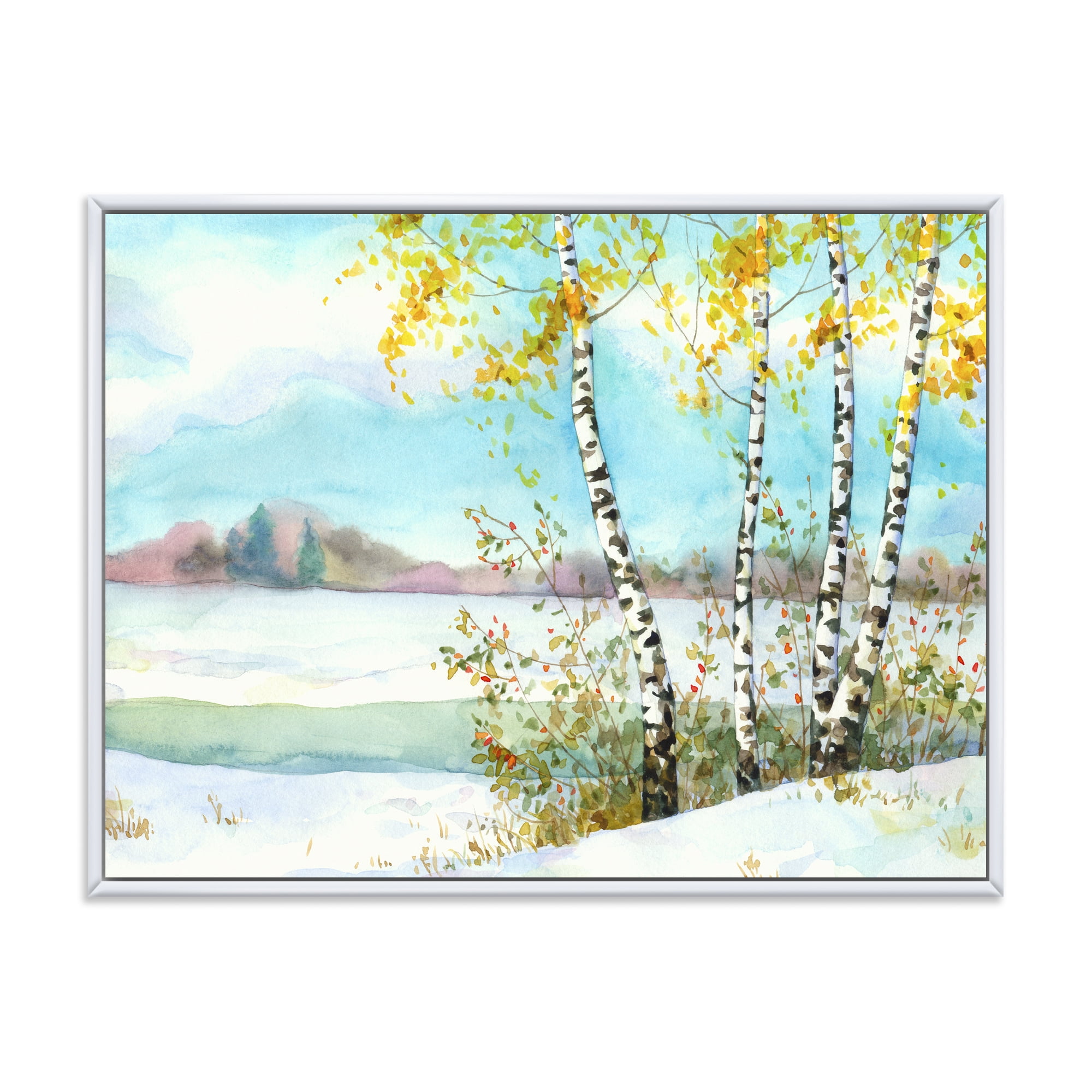Designart 'Birches In Snowy Land' Lake House Framed Canvas Wall Art Print