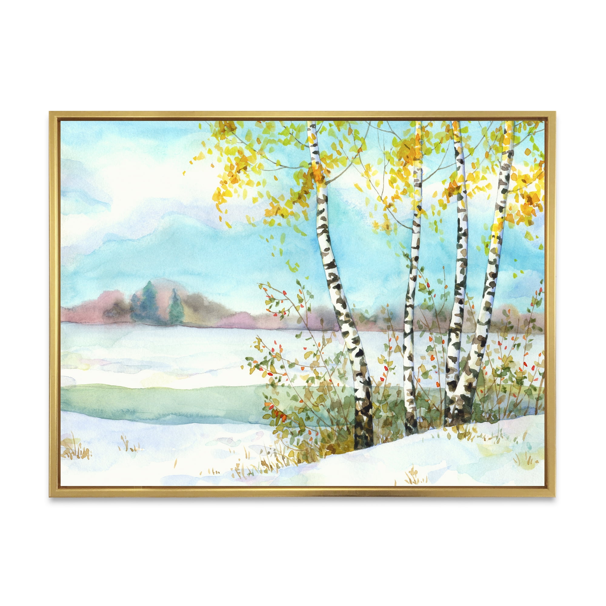 Designart 'Birches In Snowy Land' Lake House Framed Canvas Wall Art Print