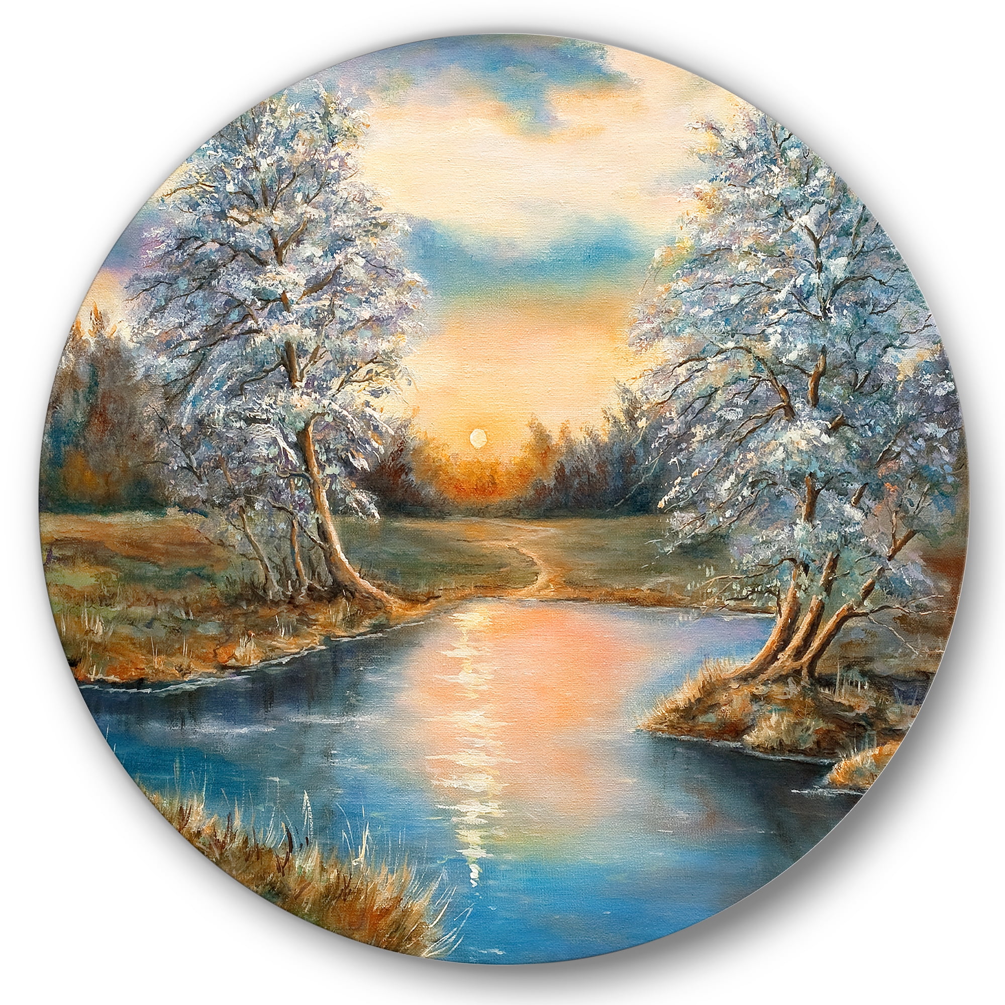 Designart 'Birches In The Autumn Woods Sunset' Lake House Circle Metal Wall Art 11x11 - Disc of 11