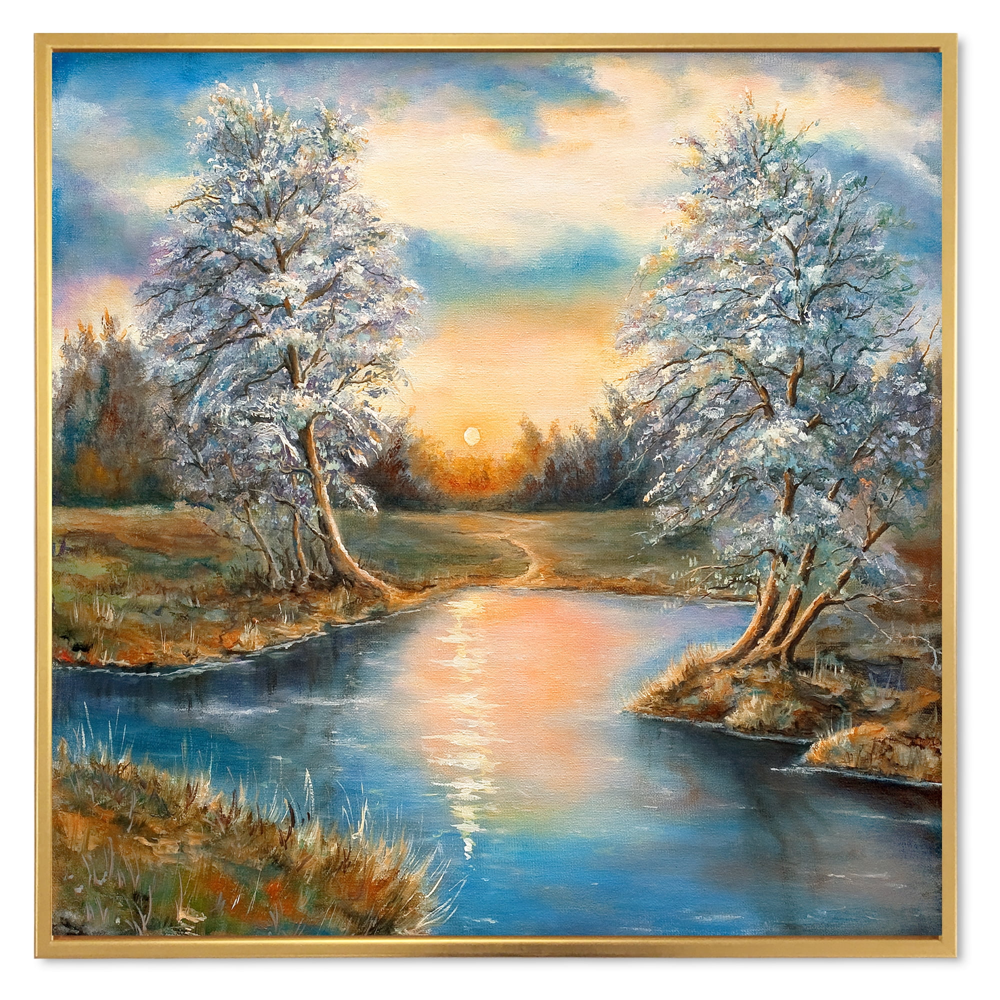 Designart 'Birches In The Autumn Woods Sunset' Lake House Framed Canvas Wall Art Print