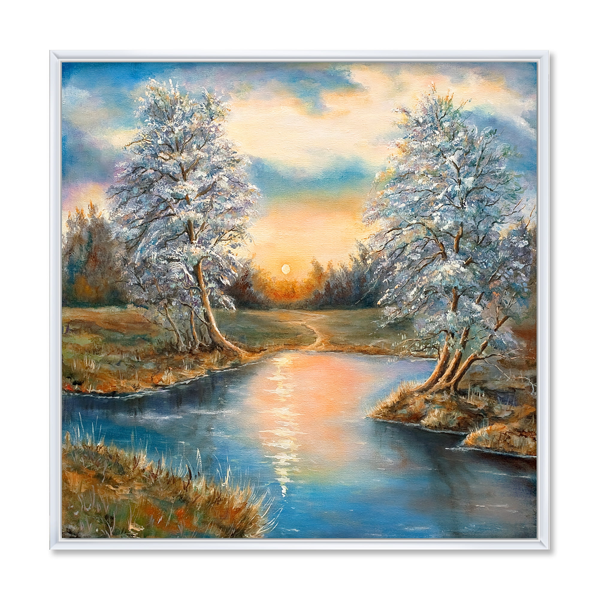 Designart 'Birches In The Autumn Woods Sunset' Lake House Framed Canvas Wall Art Print