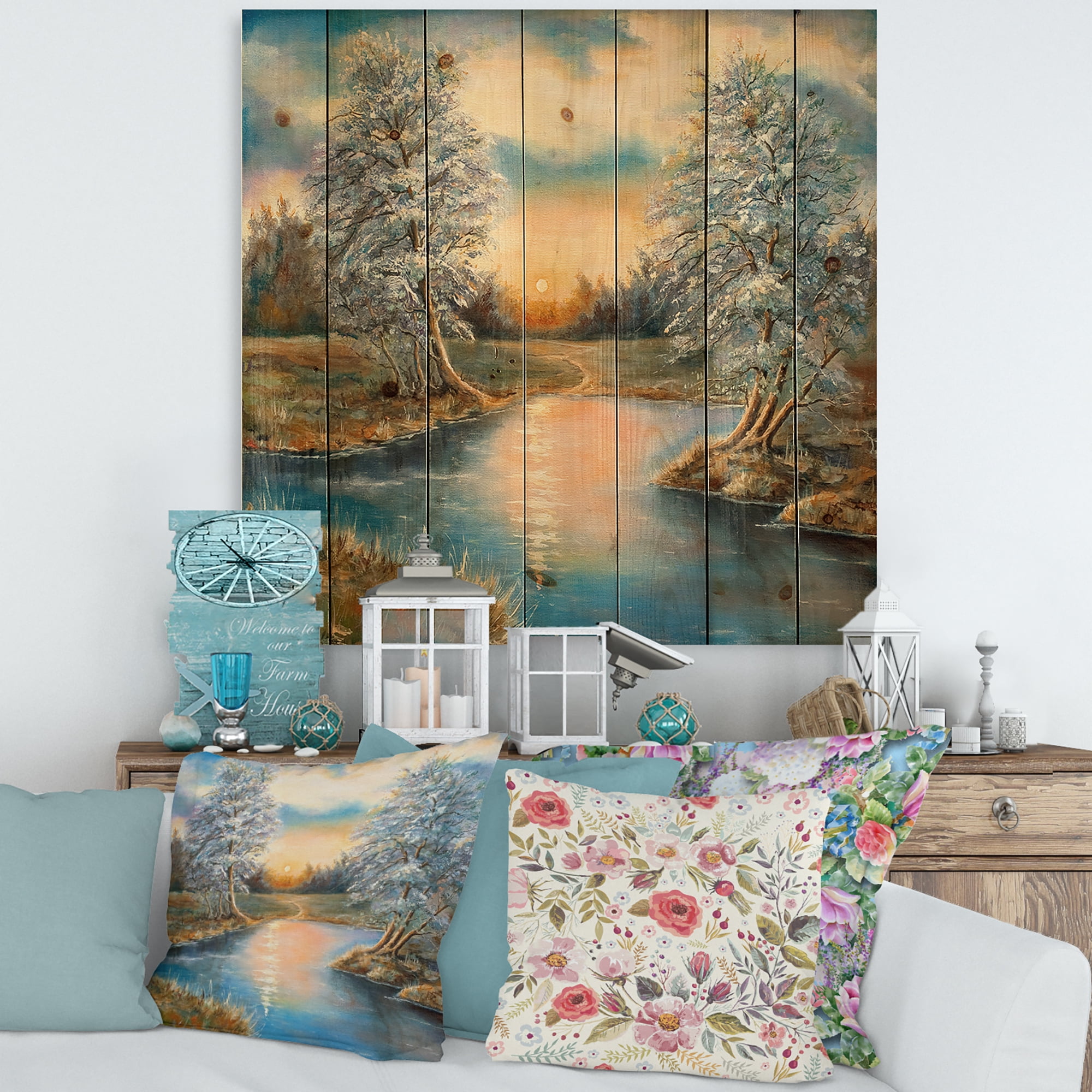 Designart 'Birches In The Autumn Woods Sunset' Lake House Print on Natural Pine Wood