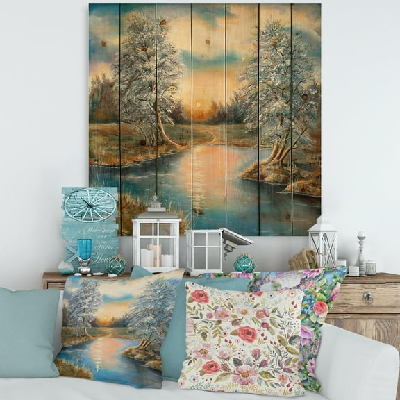 Designart 'Birches In The Autumn Woods Sunset' Lake House Print on Natural Pine Wood