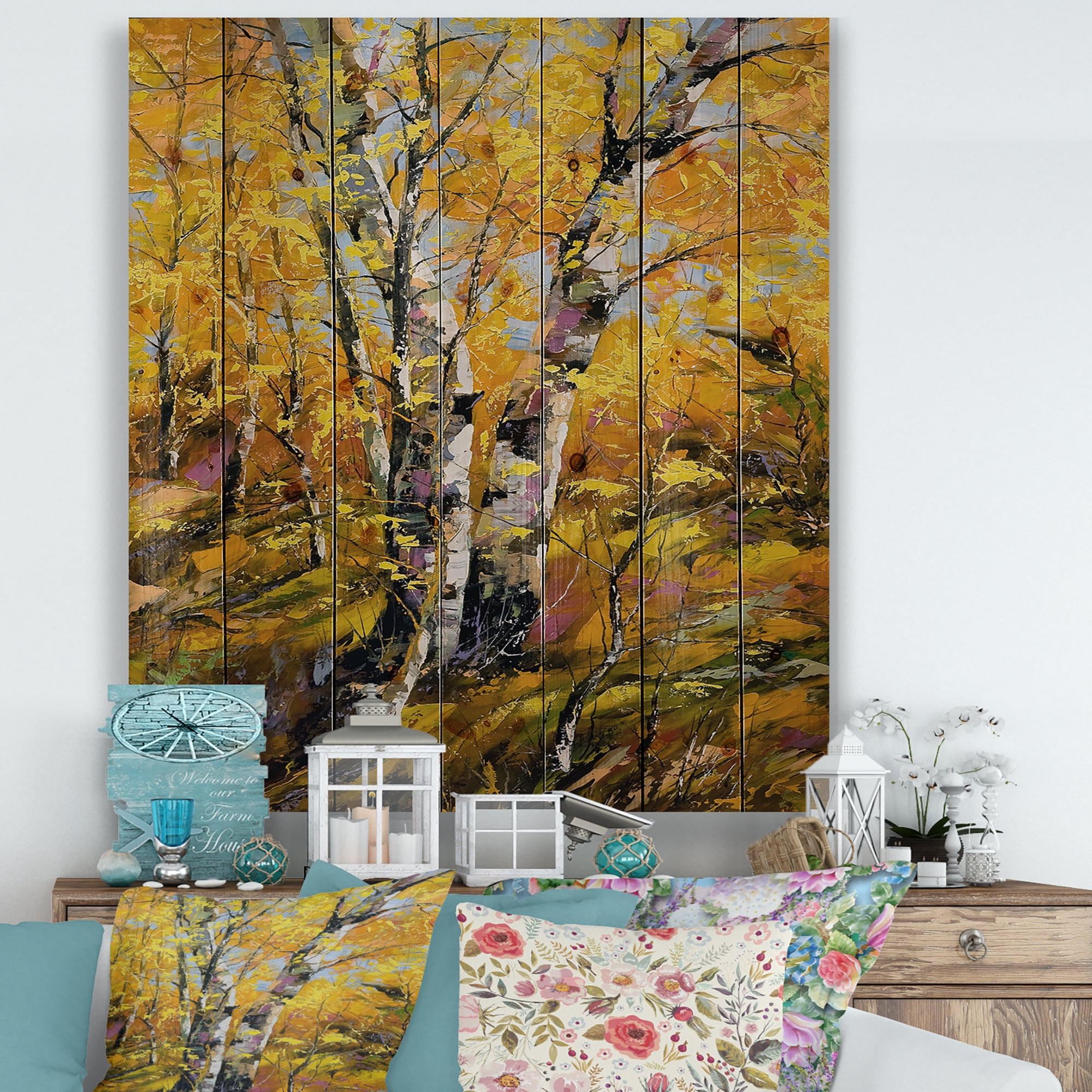 Designart 'Birches In Yellow Autumn Wood Forest' Country Print on Natural Pine Wood