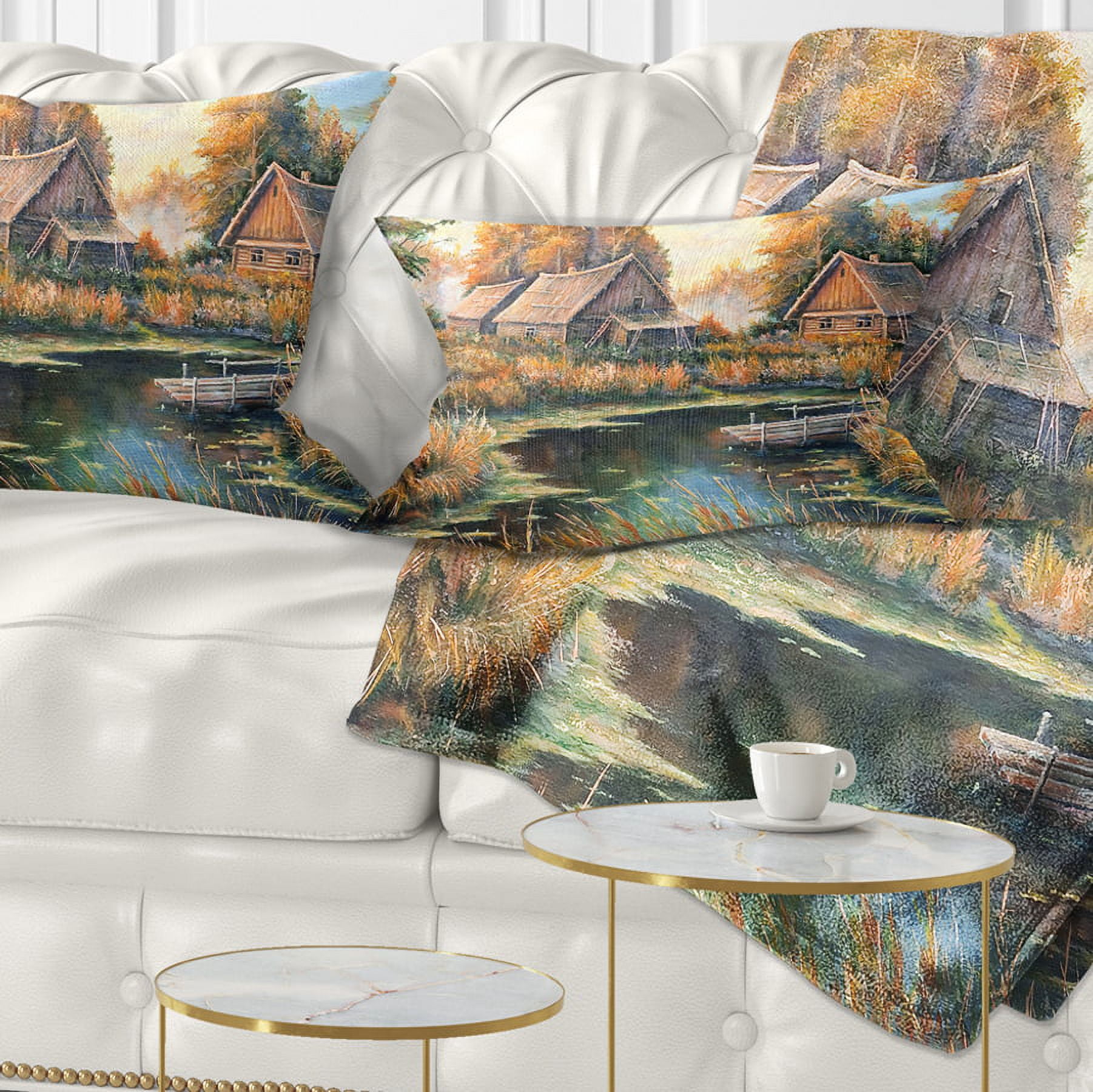 Designart Birches in Autumn Village - Landscape Printed Throw Pillow - 12x20